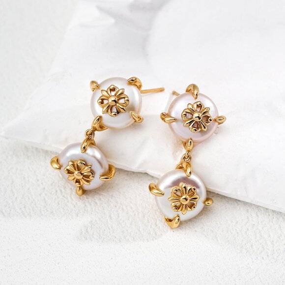 ✨ Artisan Original Design Fleur de Lis Coin Pearl Drop Earrings | S925 - Picture 2 of 4